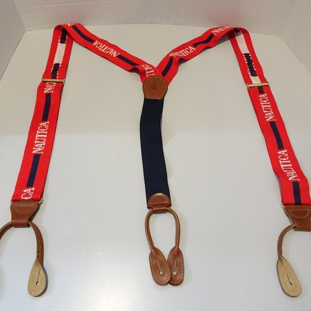 Nautica Suspenders Leather Clip Red White & Blue 1 3/8" W Adjustable Spell Out